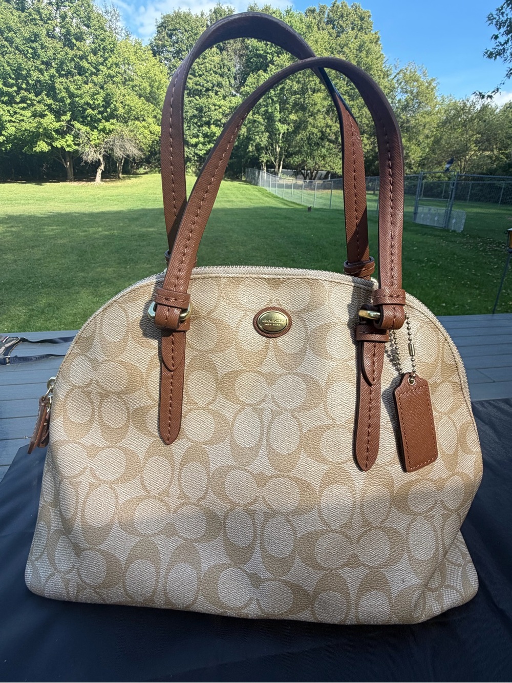 Coach Peyton Cora Signature Domed Satchel B1481-F24606 Khaki Brown